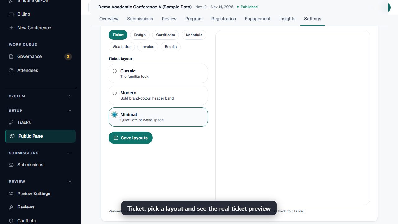Document layouts picker previewing a branded ticket