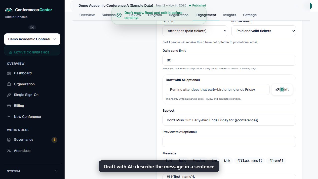 Email campaign editor with an AI draft and a preview of the email