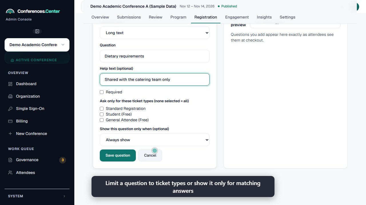 Registration form builder with a live preview of the attendee form